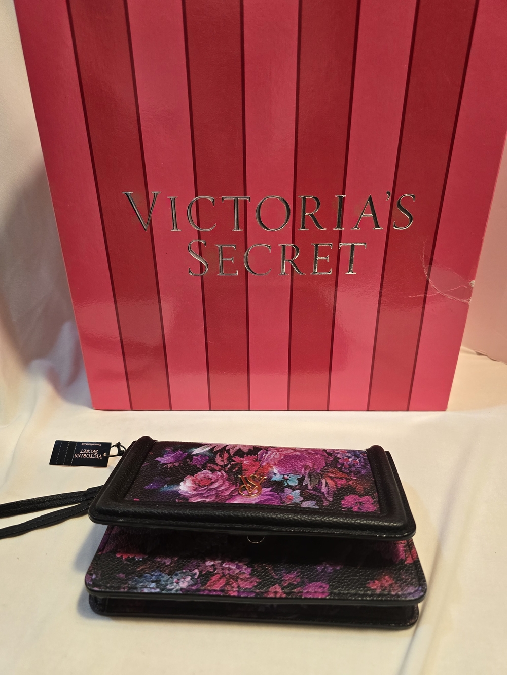 Victoria's Secret Black Floral Wristlet Wallet with Pink & Purple Flowers